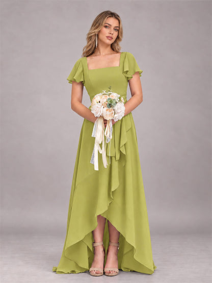 Chartreuse Refined High Low Ruffles Chiffon Bridesmaid Dress with Belt