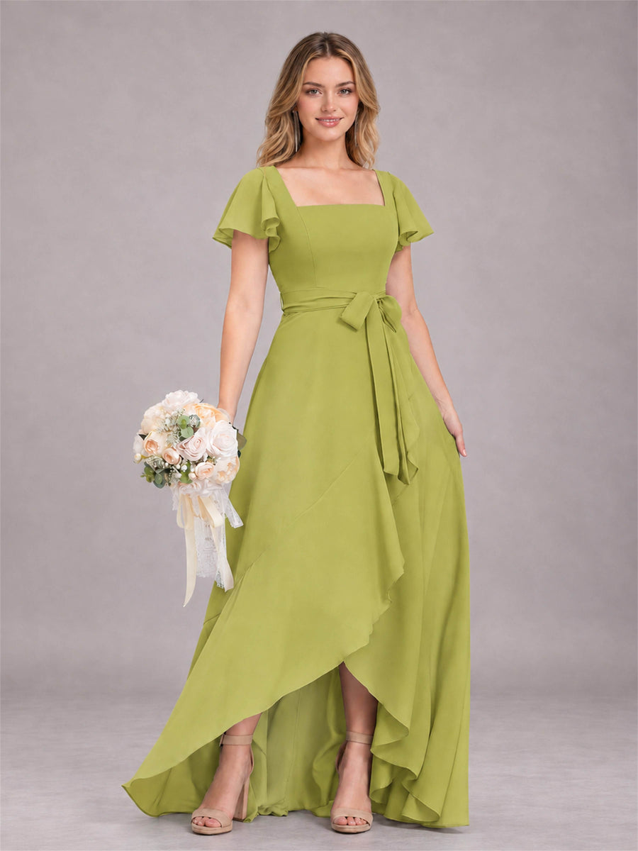Chartreuse Refined High Low Ruffles Chiffon Bridesmaid Dress with Belt