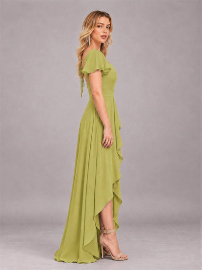 Chartreuse Refined High Low Ruffles Chiffon Bridesmaid Dress with Belt