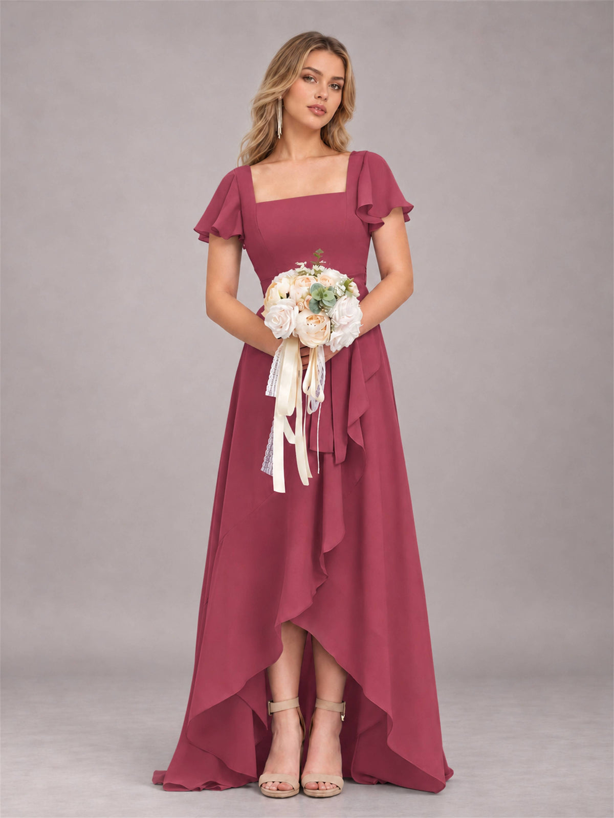 Cinnamon Rose Refined High Low Ruffles Chiffon Bridesmaid Dress with Belt