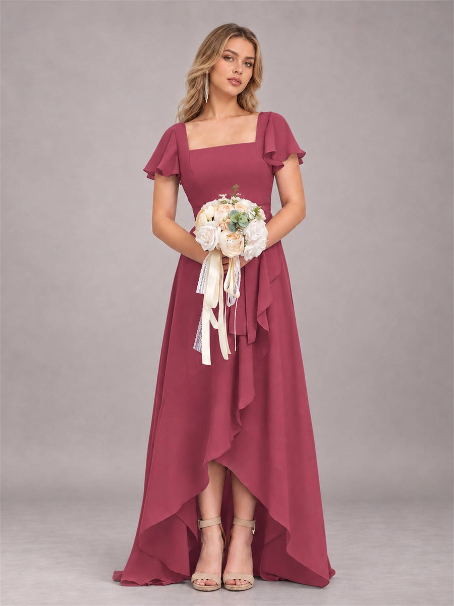 Cinnamon Rose Refined High Low Ruffles Chiffon Bridesmaid Dress with Belt