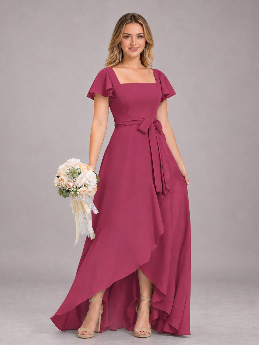 Cinnamon Rose Refined High Low Ruffles Chiffon Bridesmaid Dress with Belt