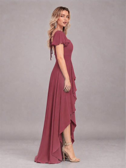 Cinnamon Rose Refined High Low Ruffles Chiffon Bridesmaid Dress with Belt