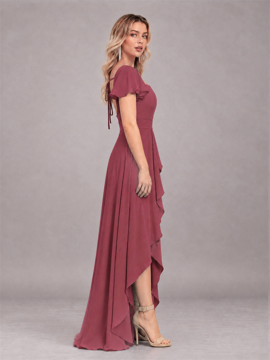 Cinnamon Rose Refined High Low Ruffles Chiffon Bridesmaid Dress with Belt
