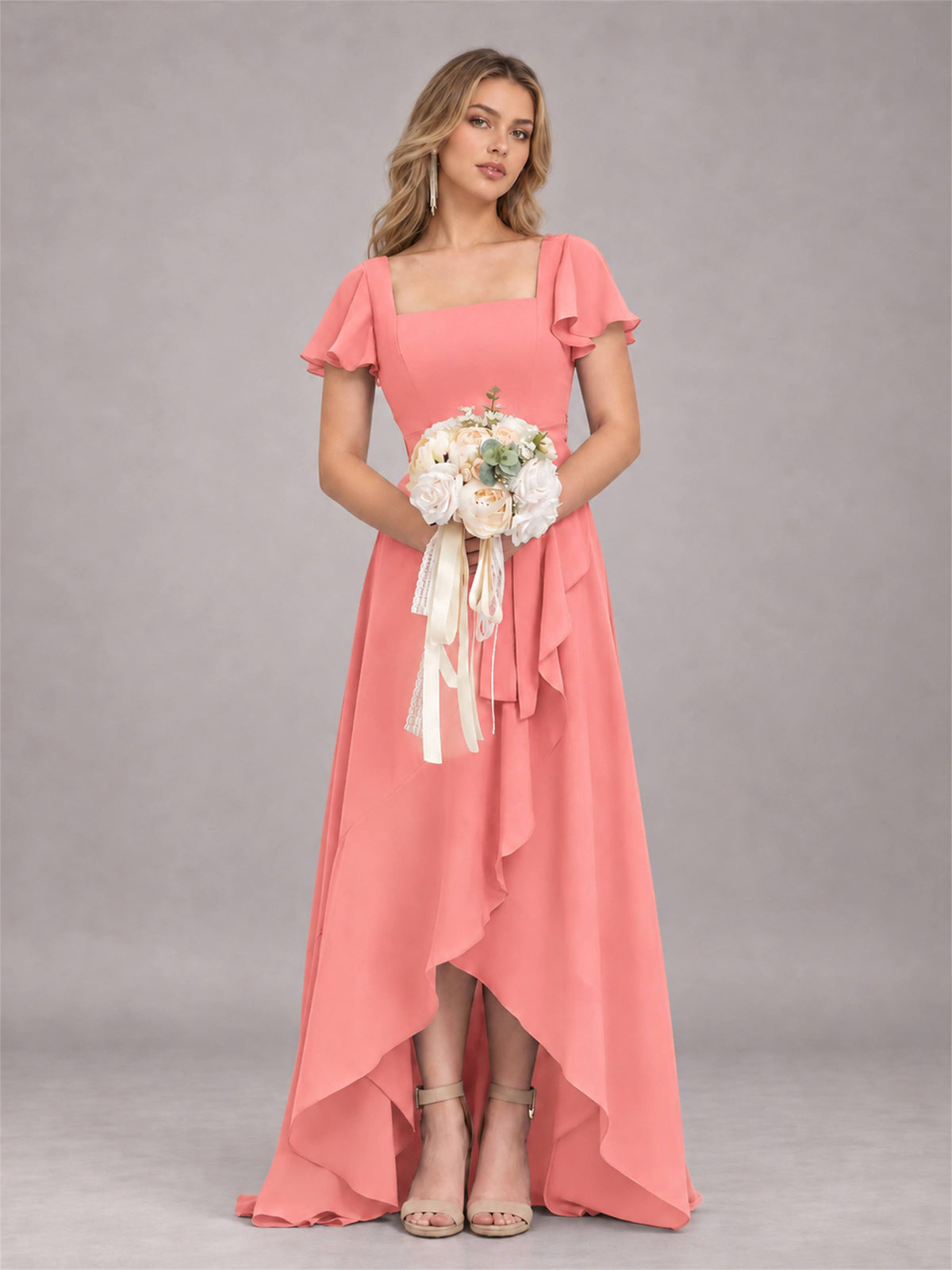 Coral Refined High Low Ruffles Chiffon Bridesmaid Dress with Belt