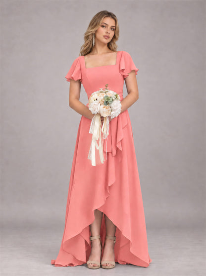 Coral Refined High Low Ruffles Chiffon Bridesmaid Dress with Belt