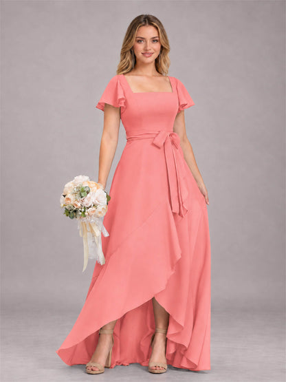 Coral Refined High Low Ruffles Chiffon Bridesmaid Dress with Belt