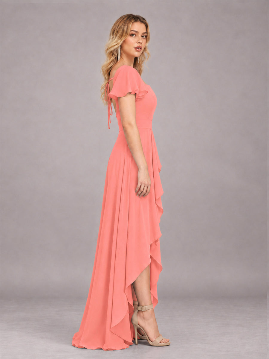 Coral Refined High Low Ruffles Chiffon Bridesmaid Dress with Belt