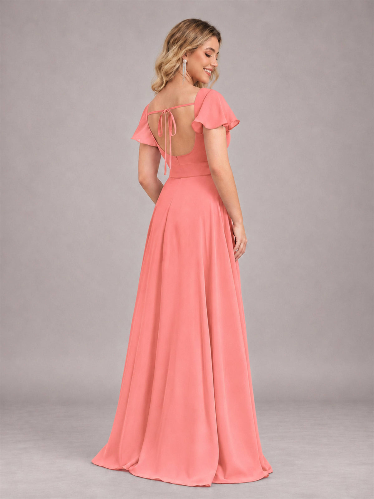 Coral Refined High Low Ruffles Chiffon Bridesmaid Dress with Belt