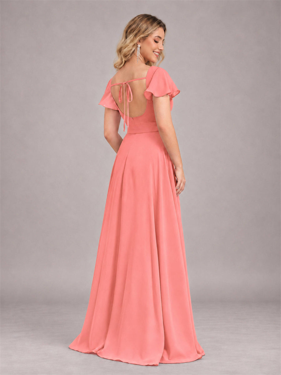 Coral Refined High Low Ruffles Chiffon Bridesmaid Dress with Belt