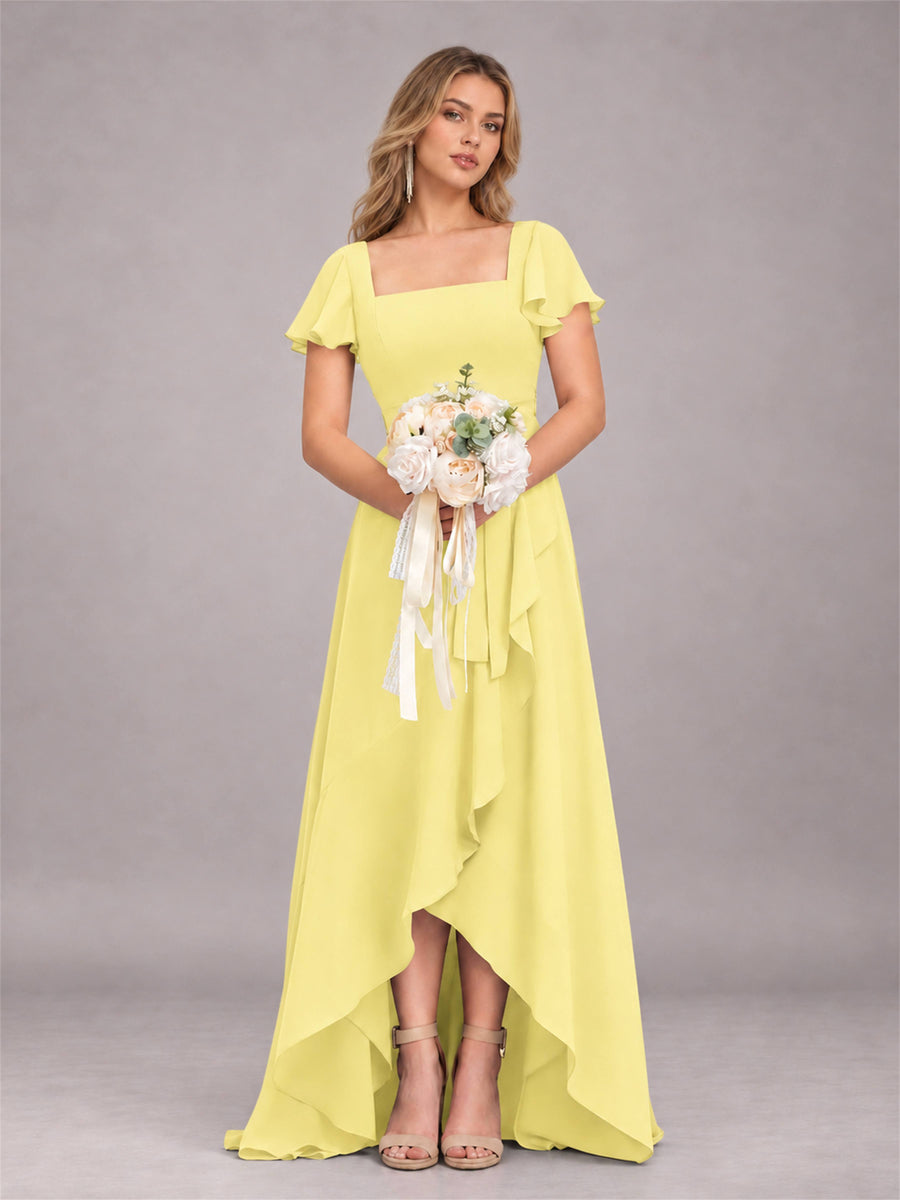 Daffodil Refined High Low Ruffles Chiffon Bridesmaid Dress with Belt