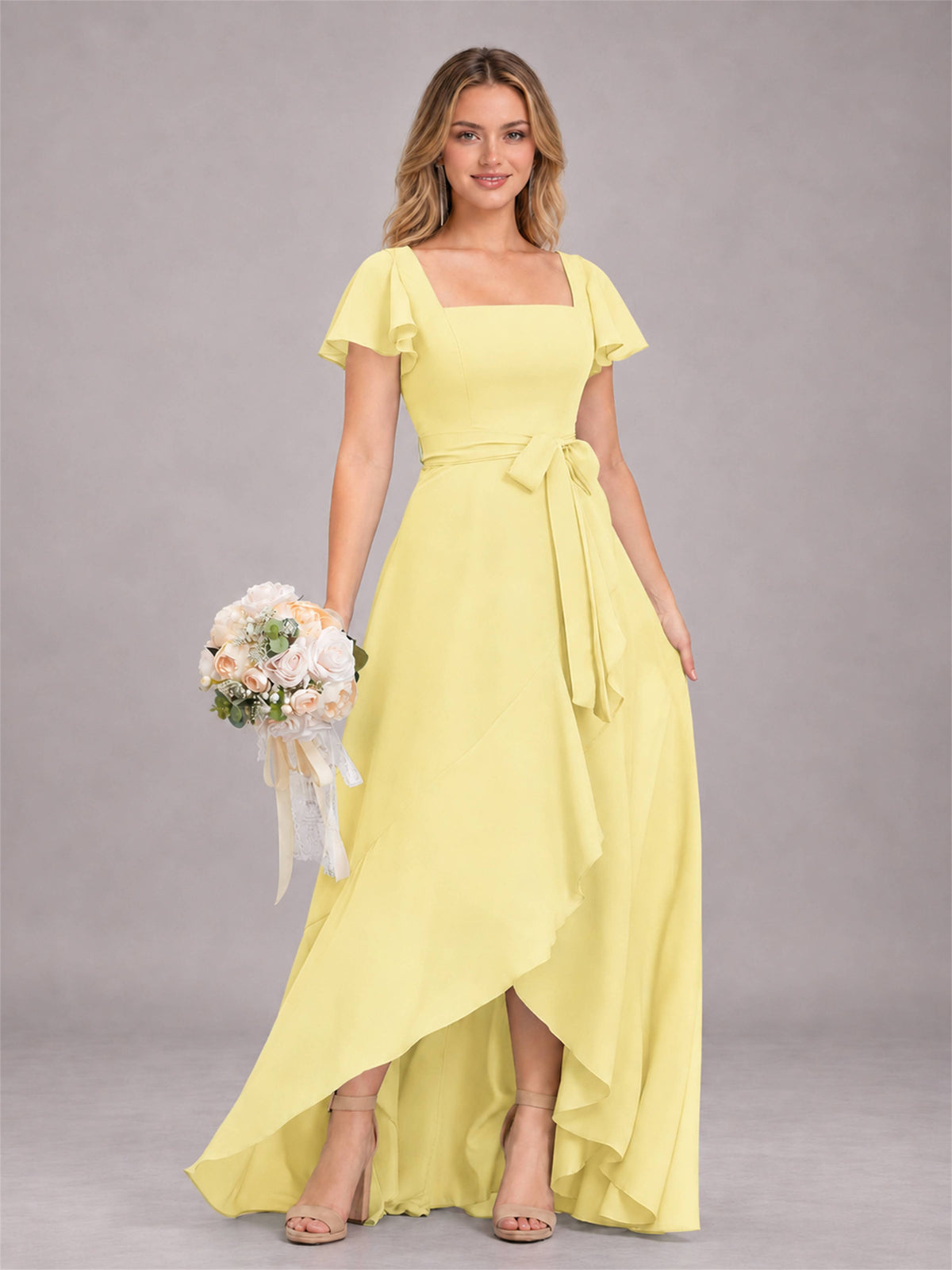 Daffodil Refined High Low Ruffles Chiffon Bridesmaid Dress with Belt