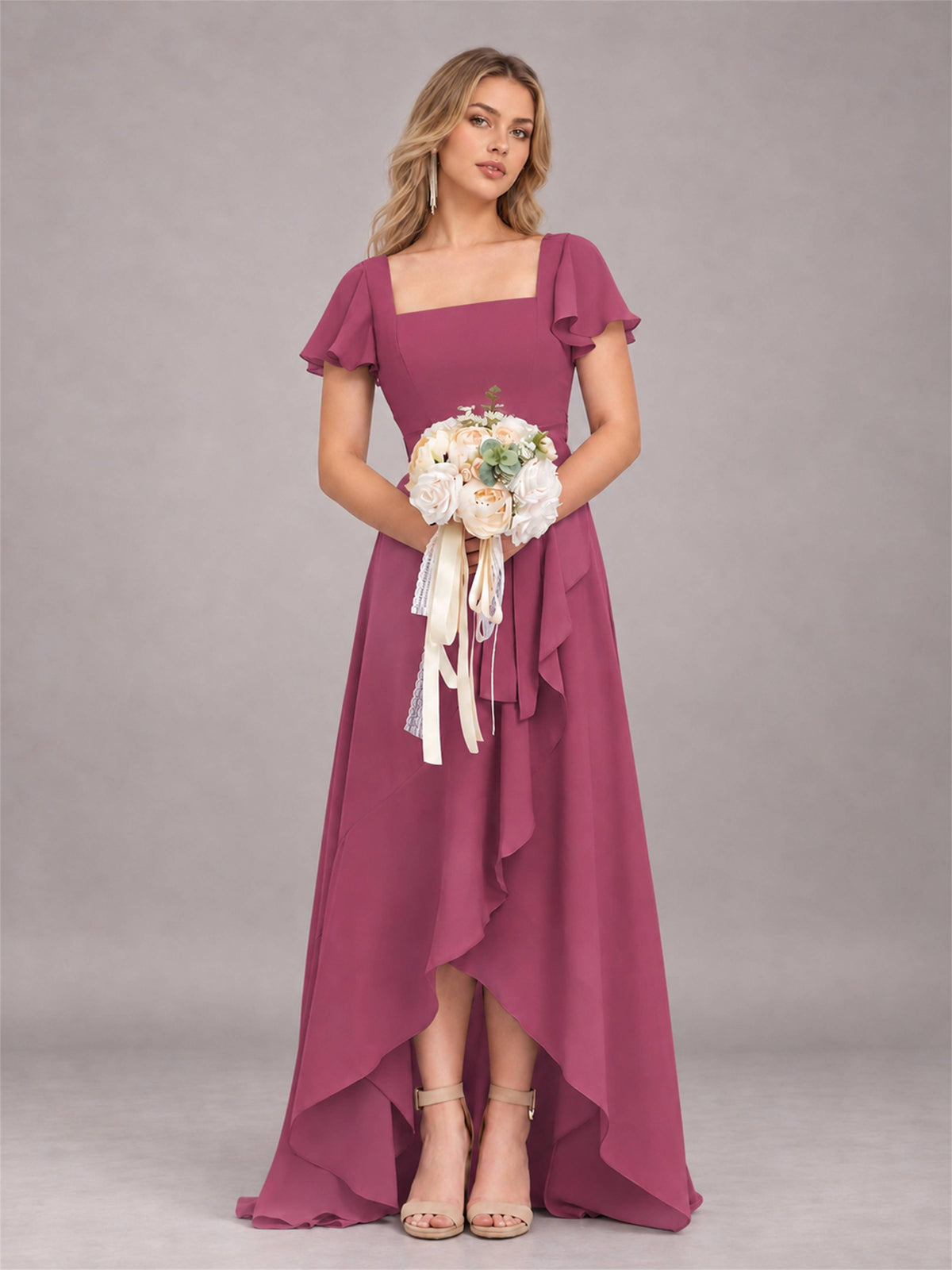 Desert Rose Refined High Low Ruffles Chiffon Bridesmaid Dress with Belt