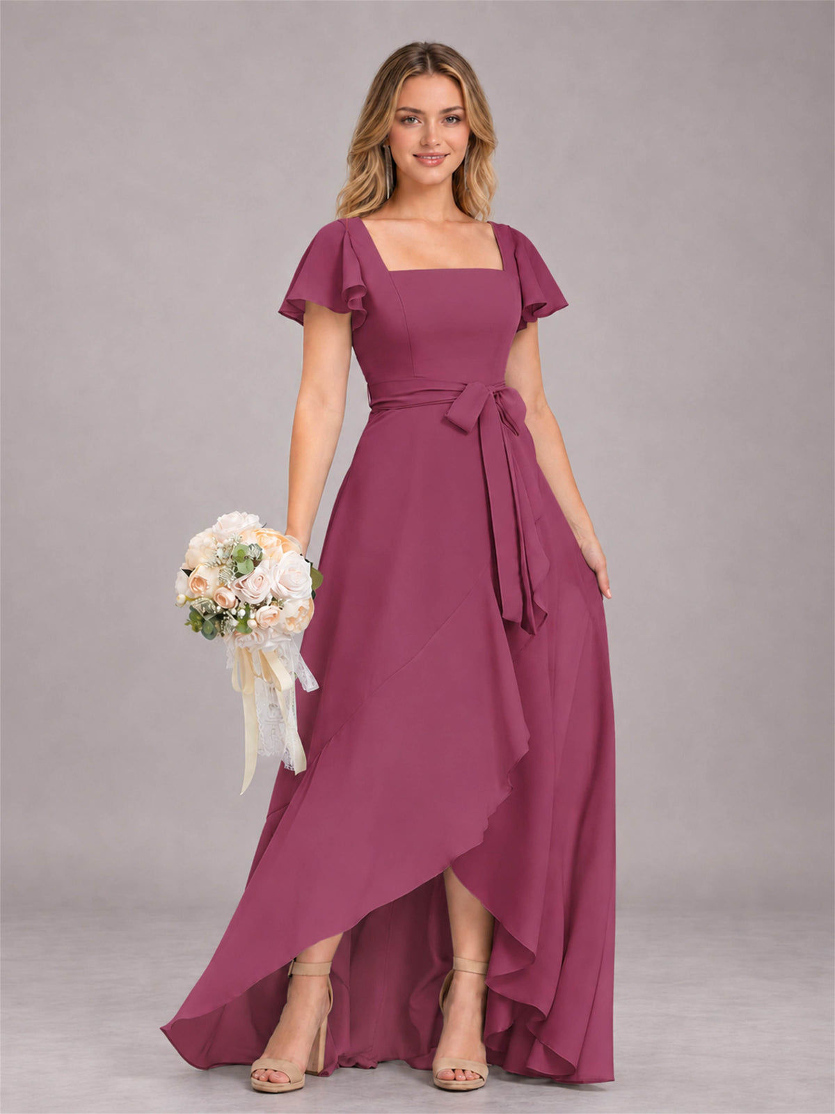 Desert Rose Refined High Low Ruffles Chiffon Bridesmaid Dress with Belt
