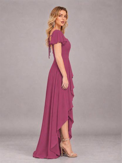 Desert Rose Refined High Low Ruffles Chiffon Bridesmaid Dress with Belt