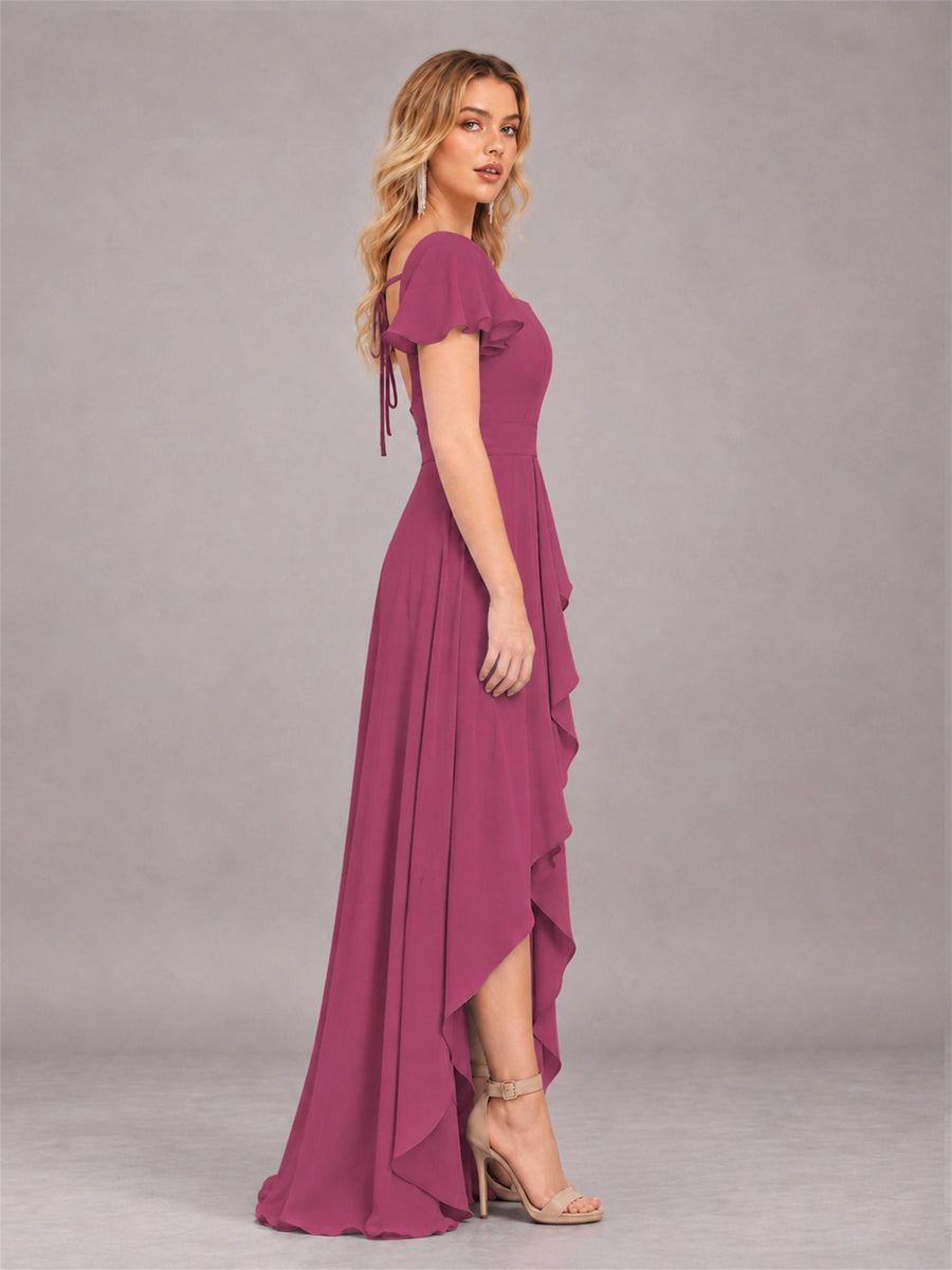 Desert Rose Refined High Low Ruffles Chiffon Bridesmaid Dress with Belt