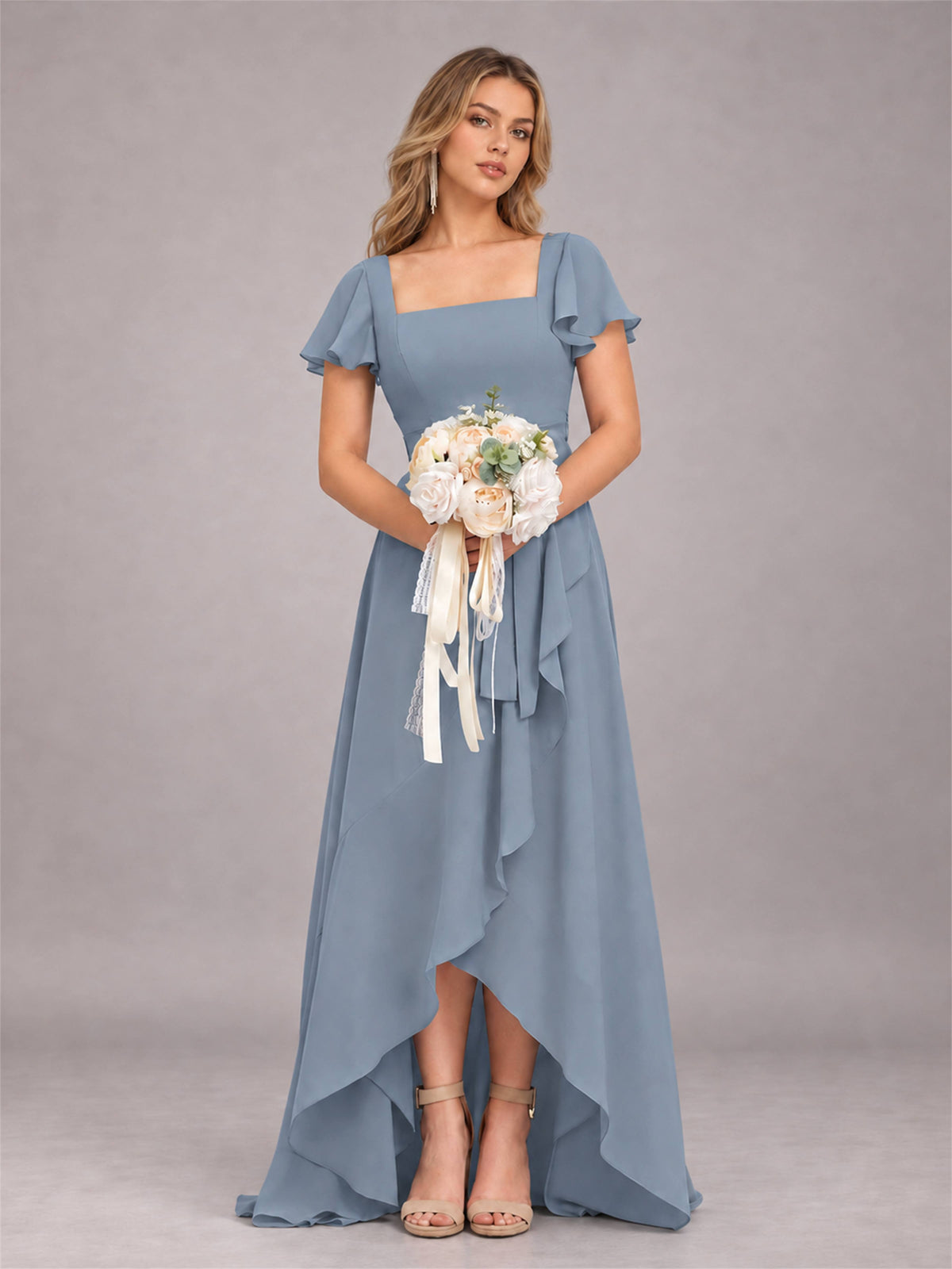Dusty Blue Refined High Low Ruffles Chiffon Bridesmaid Dress with Belt