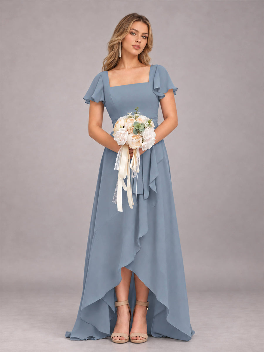 Dusty Blue Refined High Low Ruffles Chiffon Bridesmaid Dress with Belt