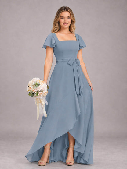 Dusty Blue Refined High Low Ruffles Chiffon Bridesmaid Dress with Belt