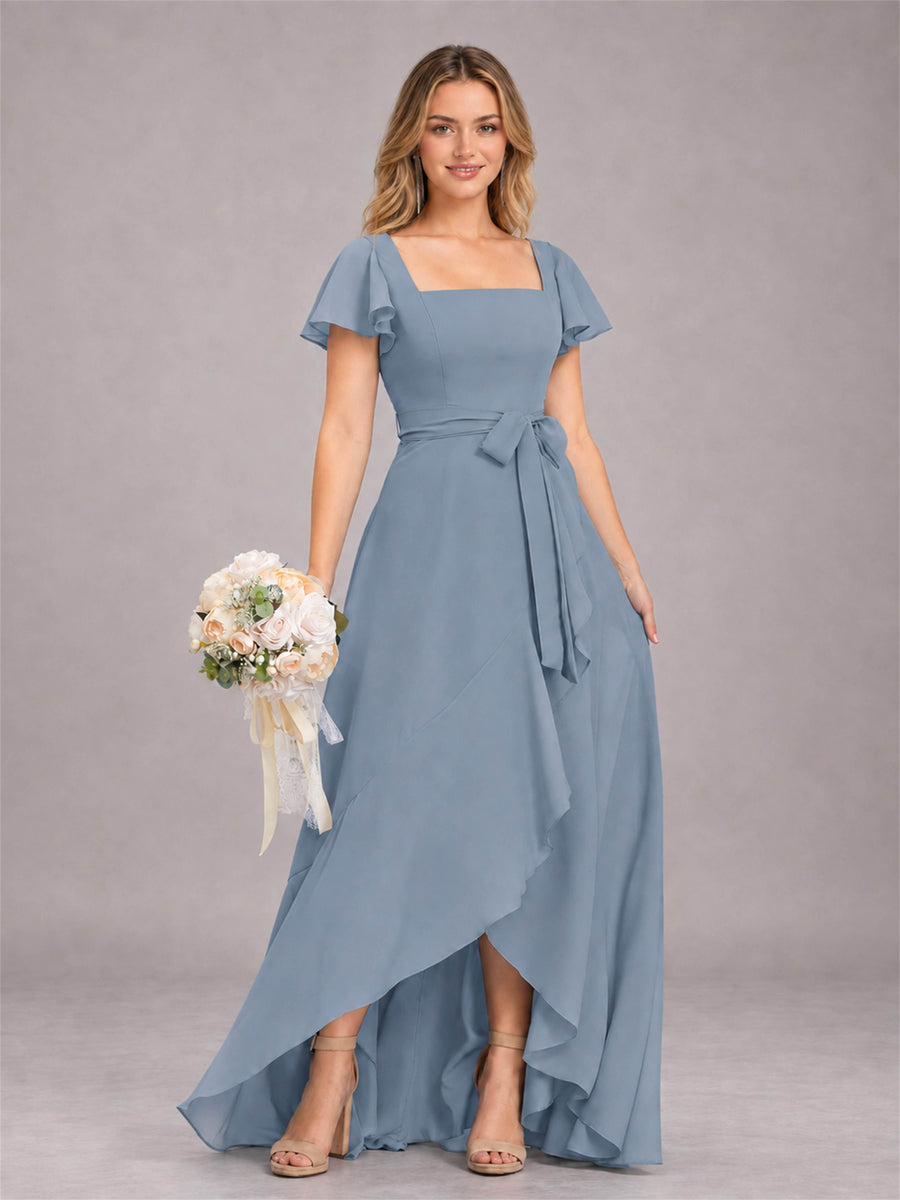 Dusty Blue Refined High Low Ruffles Chiffon Bridesmaid Dress with Belt