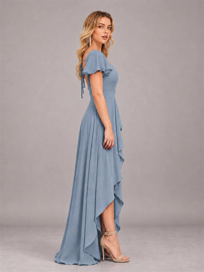 Dusty Blue Refined High Low Ruffles Chiffon Bridesmaid Dress with Belt