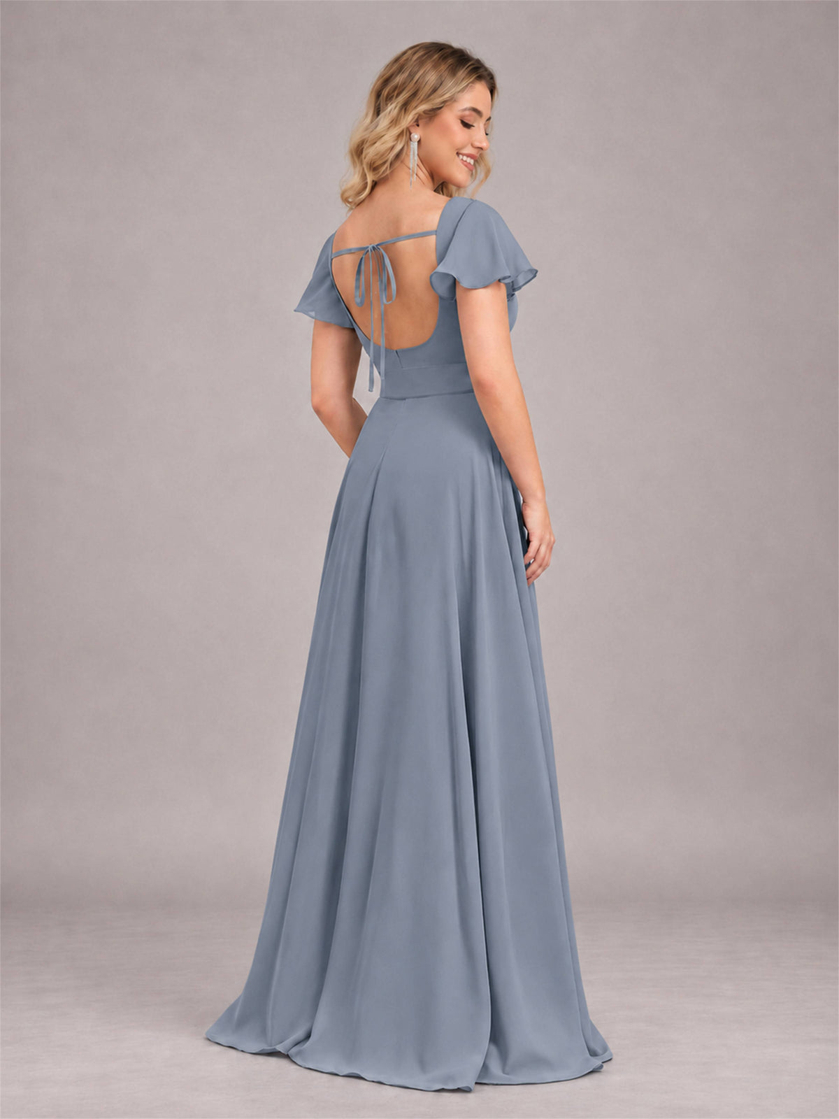 Dusty Blue Refined High Low Ruffles Chiffon Bridesmaid Dress with Belt