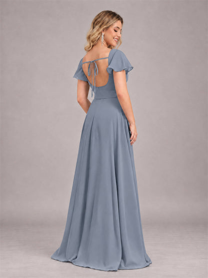 Dusty Blue Refined High Low Ruffles Chiffon Bridesmaid Dress with Belt