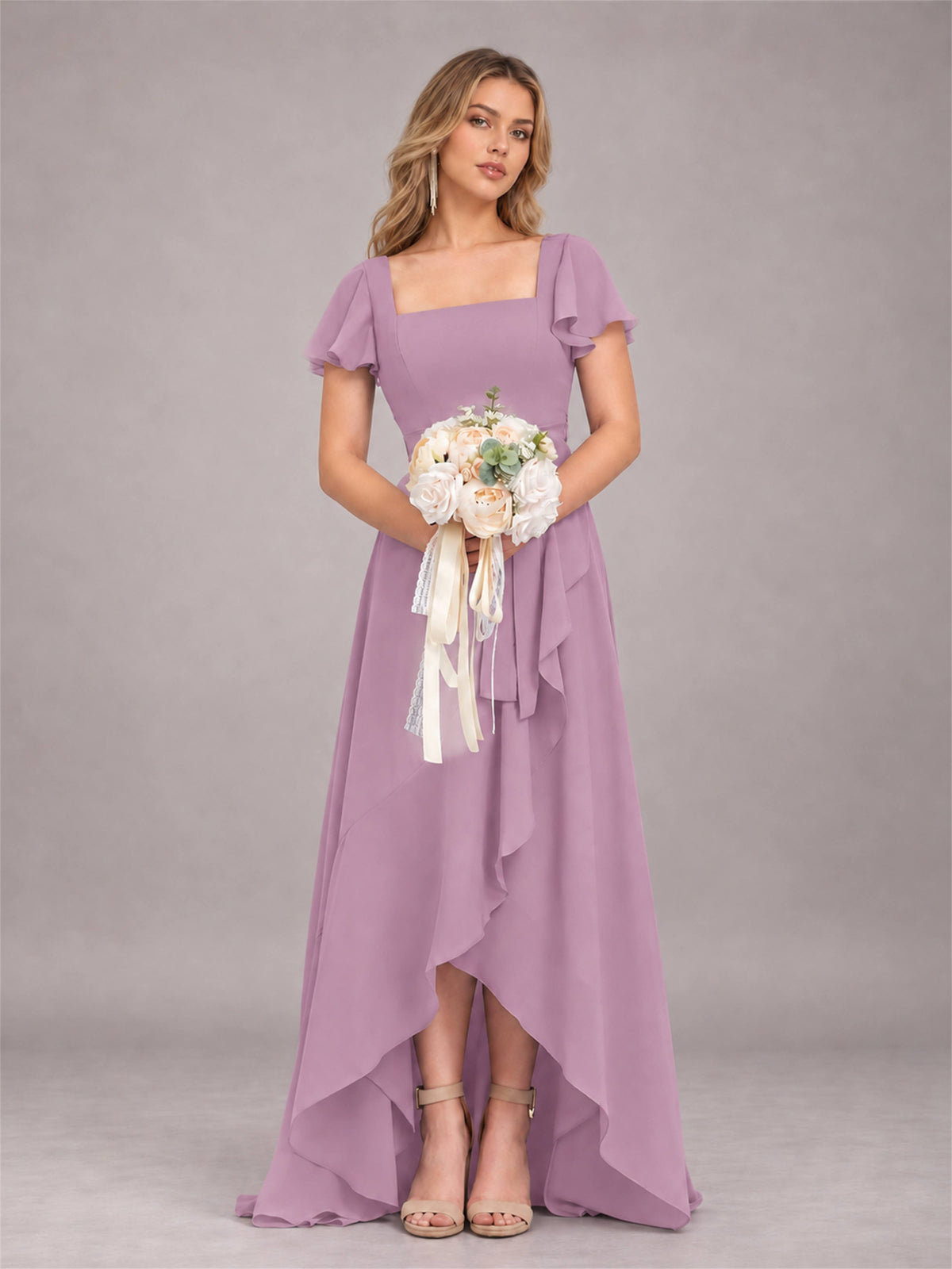Dusty Purple Refined High Low Ruffles Chiffon Bridesmaid Dress with Belt