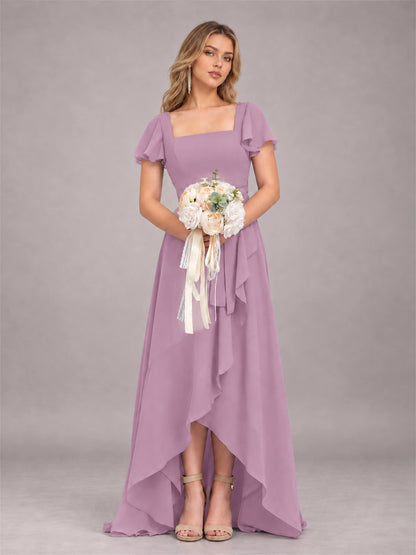 Dusty Purple Refined High Low Ruffles Chiffon Bridesmaid Dress with Belt