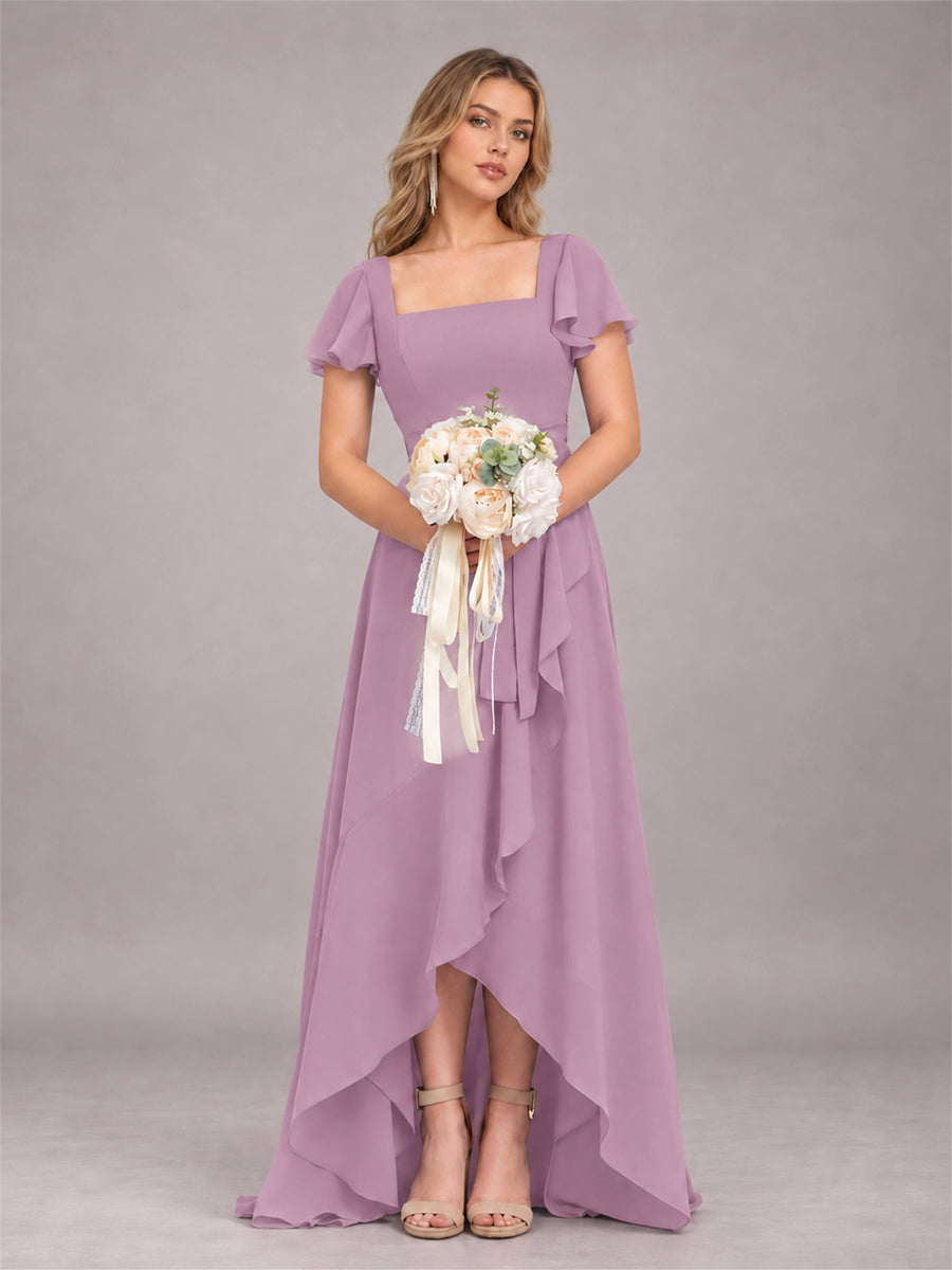 Dusty Purple Refined High Low Ruffles Chiffon Bridesmaid Dress with Belt