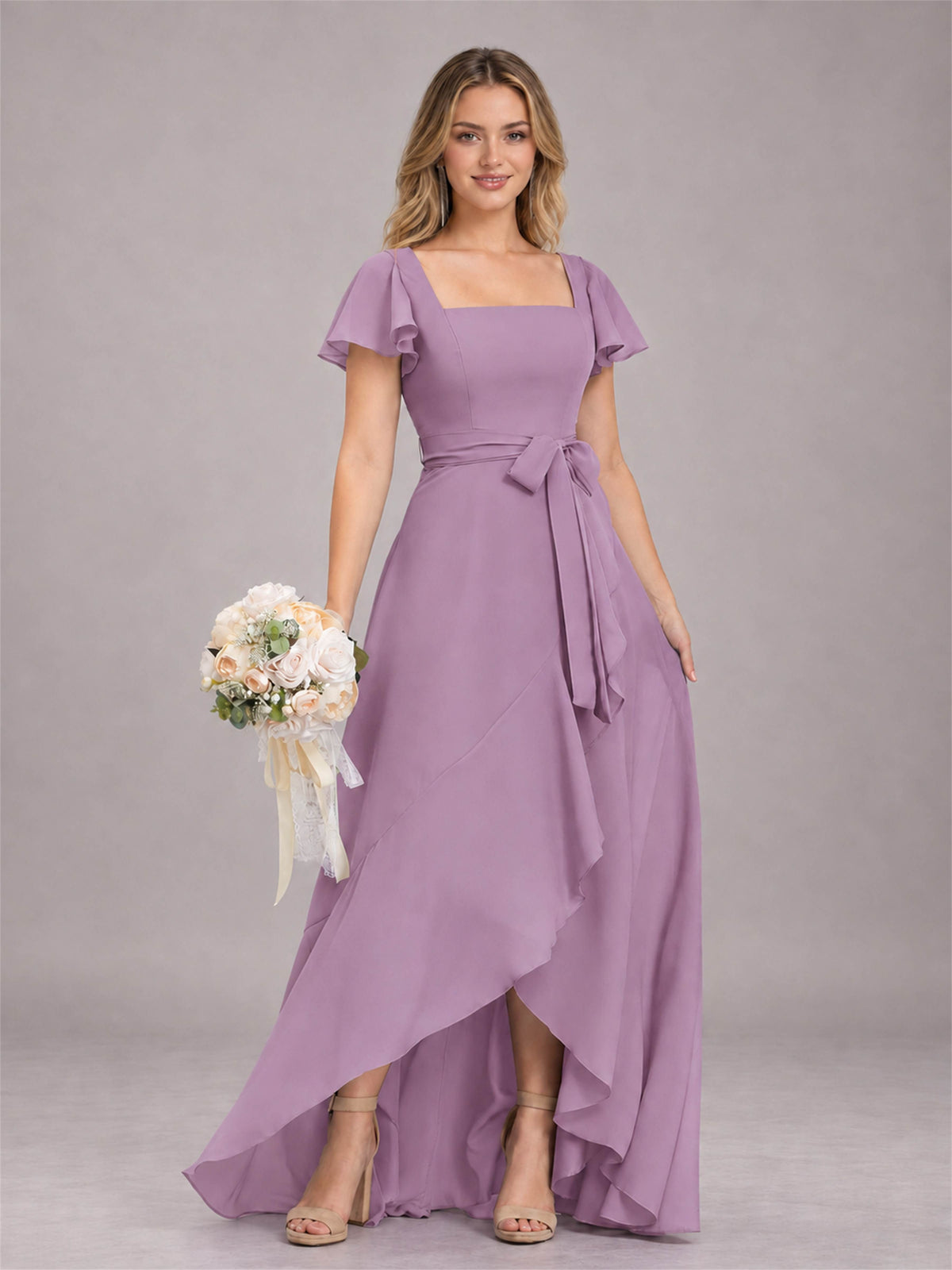 Dusty Purple Refined High Low Ruffles Chiffon Bridesmaid Dress with Belt