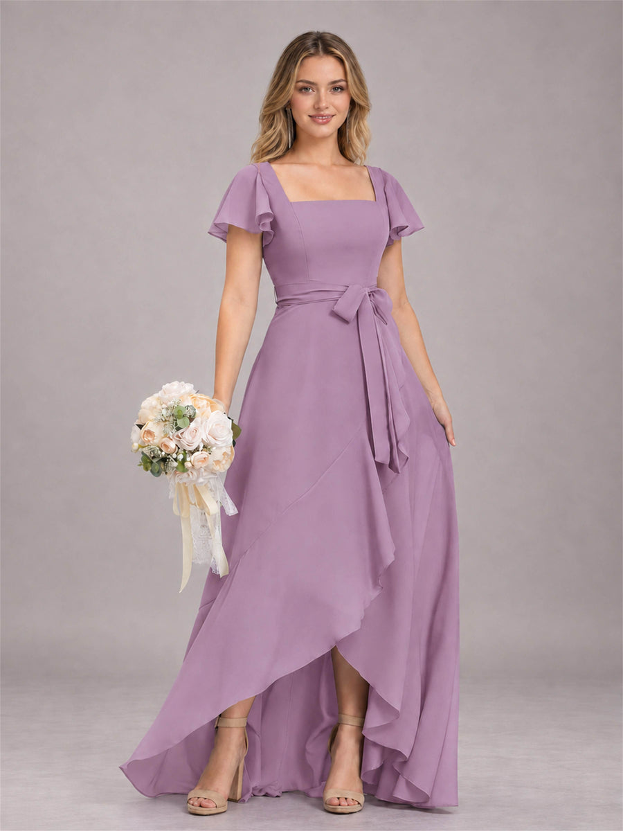 Dusty Purple Refined High Low Ruffles Chiffon Bridesmaid Dress with Belt
