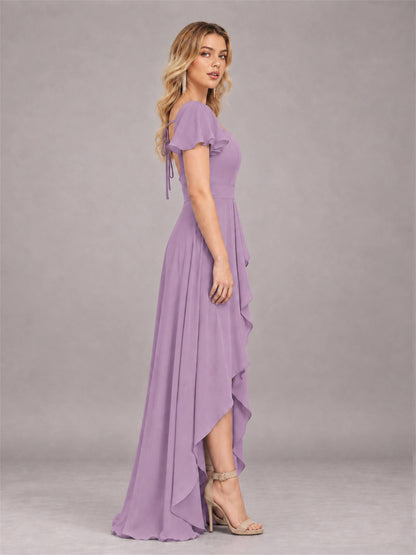 Dusty Purple Refined High Low Ruffles Chiffon Bridesmaid Dress with Belt