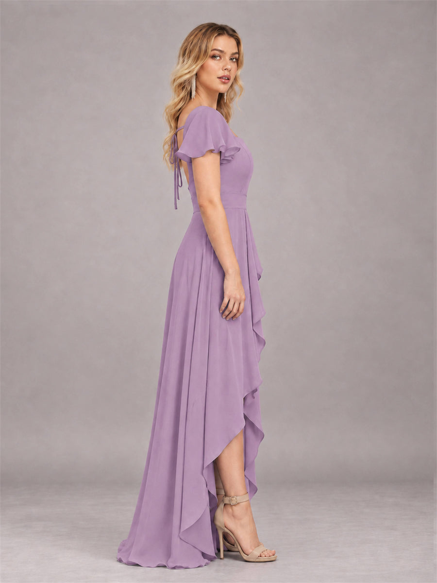 Dusty Purple Refined High Low Ruffles Chiffon Bridesmaid Dress with Belt