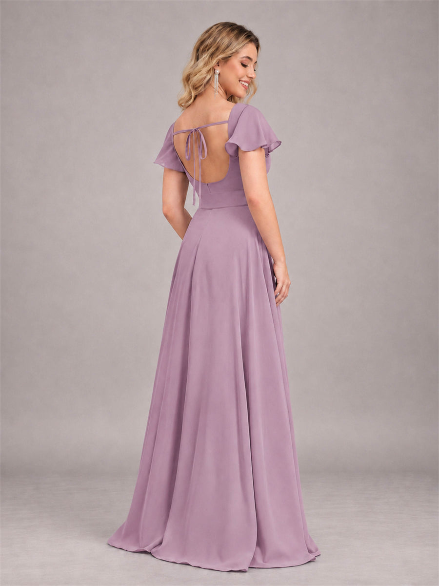 Dusty Purple Refined High Low Ruffles Chiffon Bridesmaid Dress with Belt