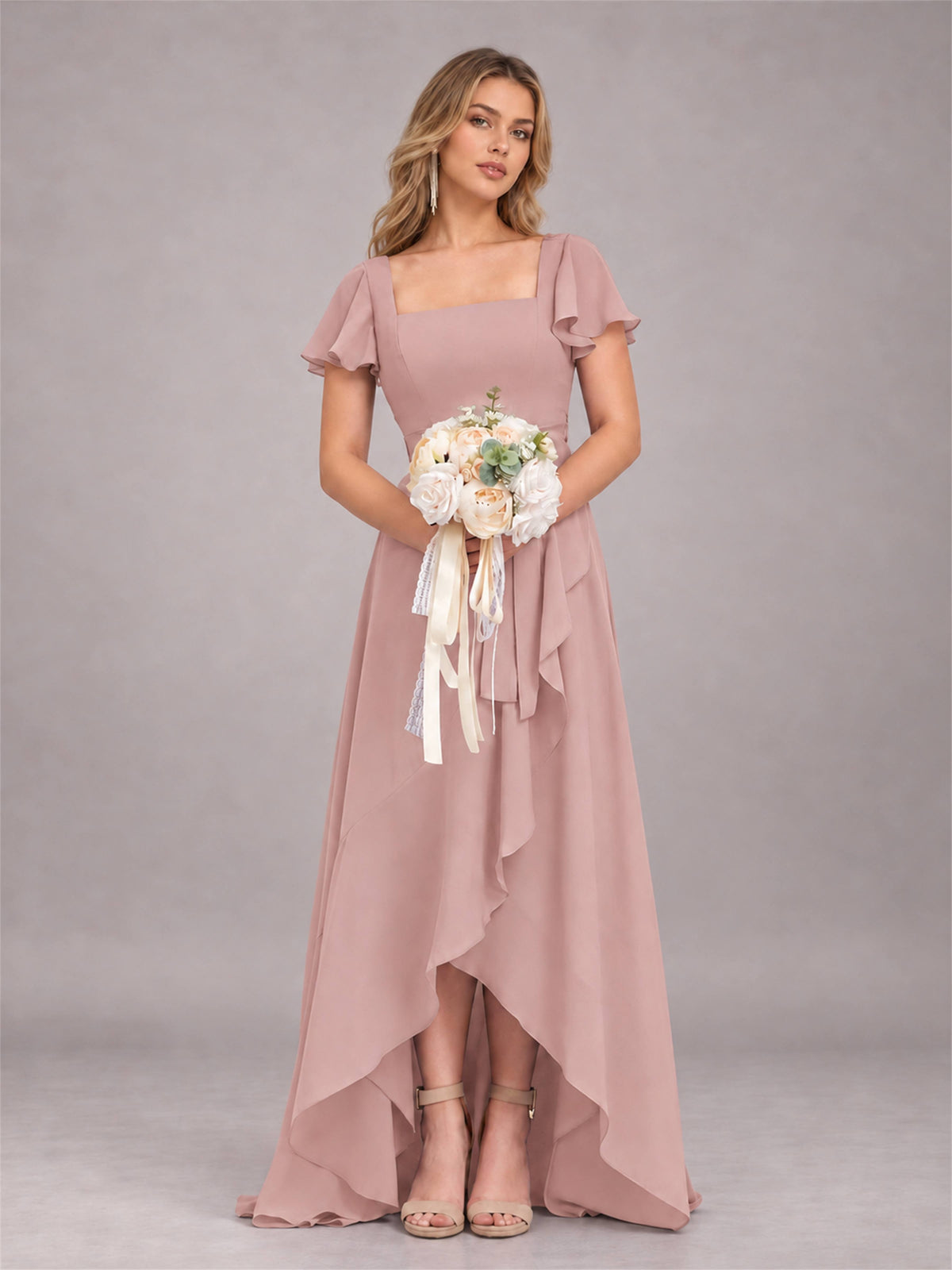 Dusty Rose Refined High Low Ruffles Chiffon Bridesmaid Dress with Belt