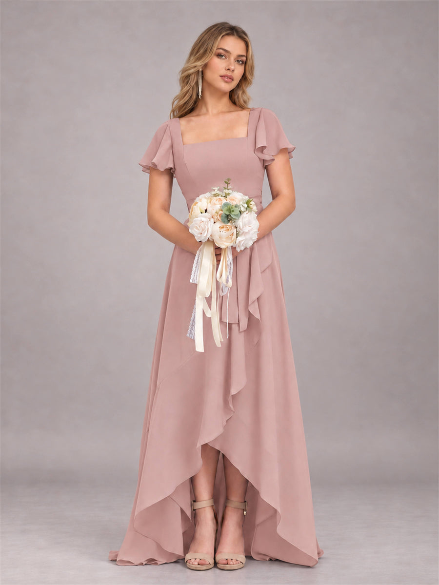 Dusty Rose Refined High Low Ruffles Chiffon Bridesmaid Dress with Belt