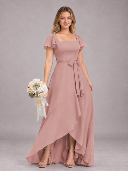 Dusty Rose Refined High Low Ruffles Chiffon Bridesmaid Dress with Belt