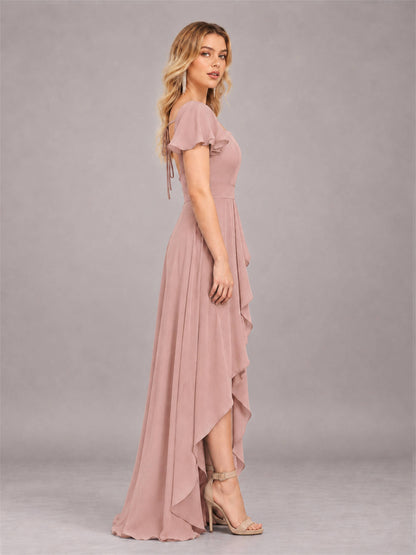 Dusty Rose Refined High Low Ruffles Chiffon Bridesmaid Dress with Belt