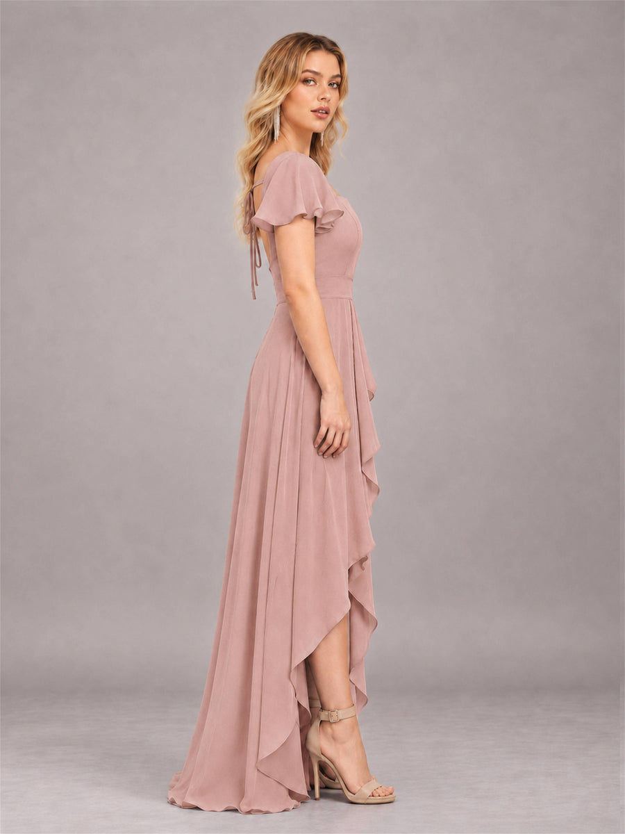 Dusty Rose Refined High Low Ruffles Chiffon Bridesmaid Dress with Belt