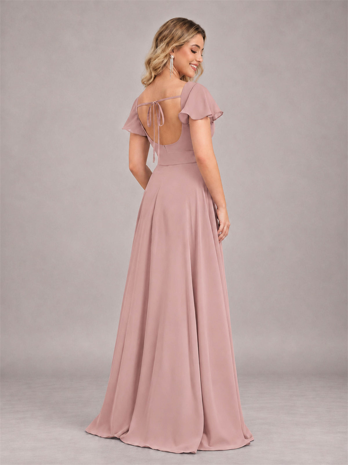 Dusty Rose Refined High Low Ruffles Chiffon Bridesmaid Dress with Belt