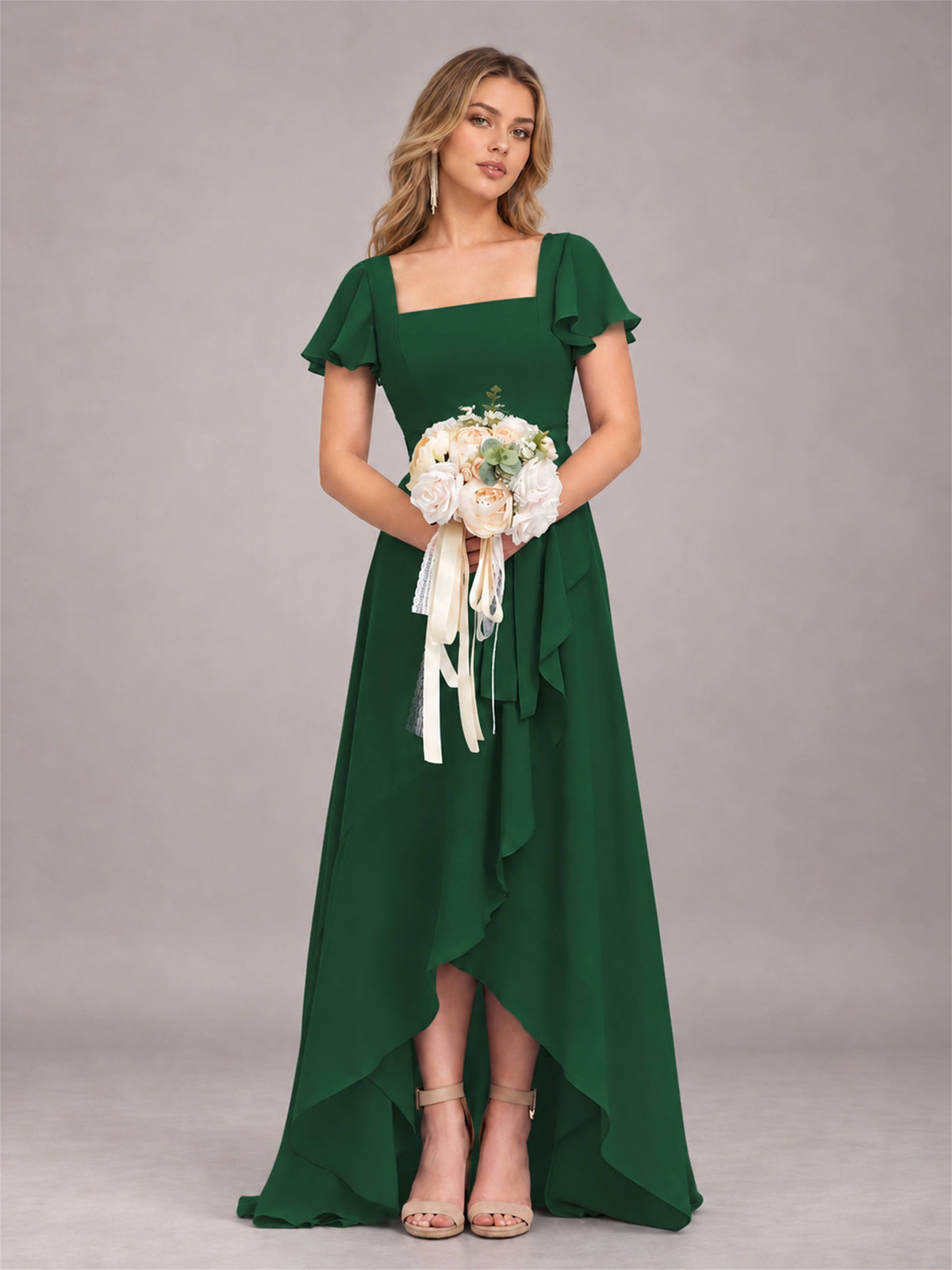Emerald Green Refined High Low Ruffles Chiffon Bridesmaid Dress with Belt