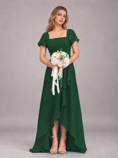 Emerald Green Refined High Low Ruffles Chiffon Bridesmaid Dress with Belt