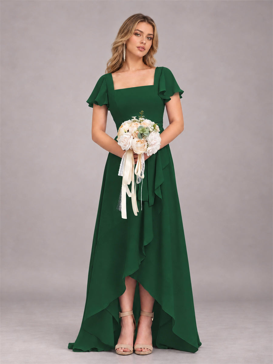 Emerald Green Refined High Low Ruffles Chiffon Bridesmaid Dress with Belt