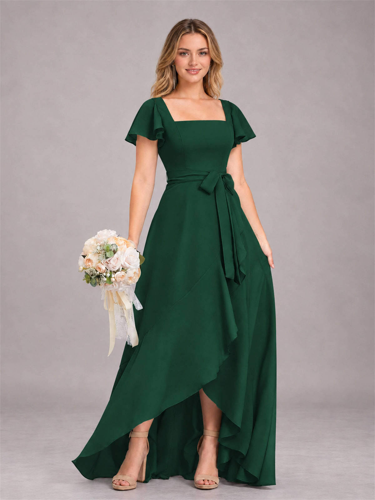 Emerald Green Refined High Low Ruffles Chiffon Bridesmaid Dress with Belt