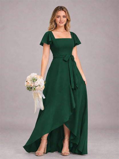 Emerald Green Refined High Low Ruffles Chiffon Bridesmaid Dress with Belt