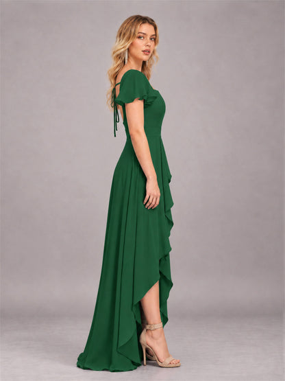 Emerald Green Refined High Low Ruffles Chiffon Bridesmaid Dress with Belt