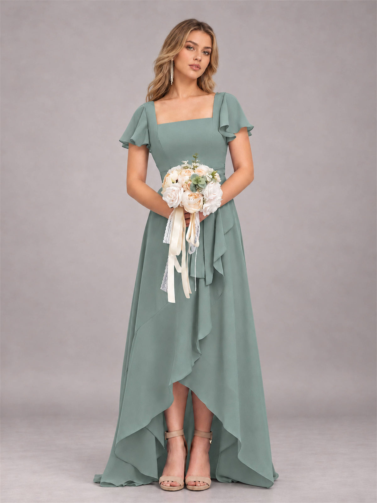 Eucalyptus Refined High Low Ruffles Chiffon Bridesmaid Dress with Belt