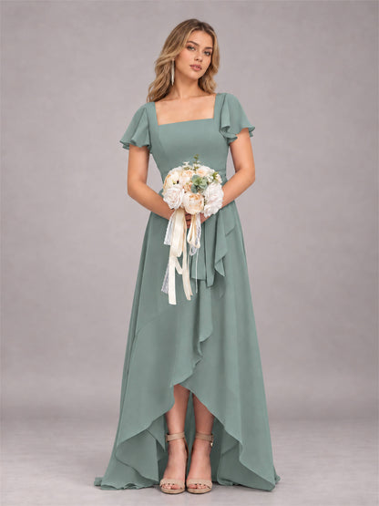 Eucalyptus Refined High Low Ruffles Chiffon Bridesmaid Dress with Belt