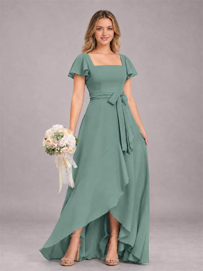 Eucalyptus Refined High Low Ruffles Chiffon Bridesmaid Dress with Belt
